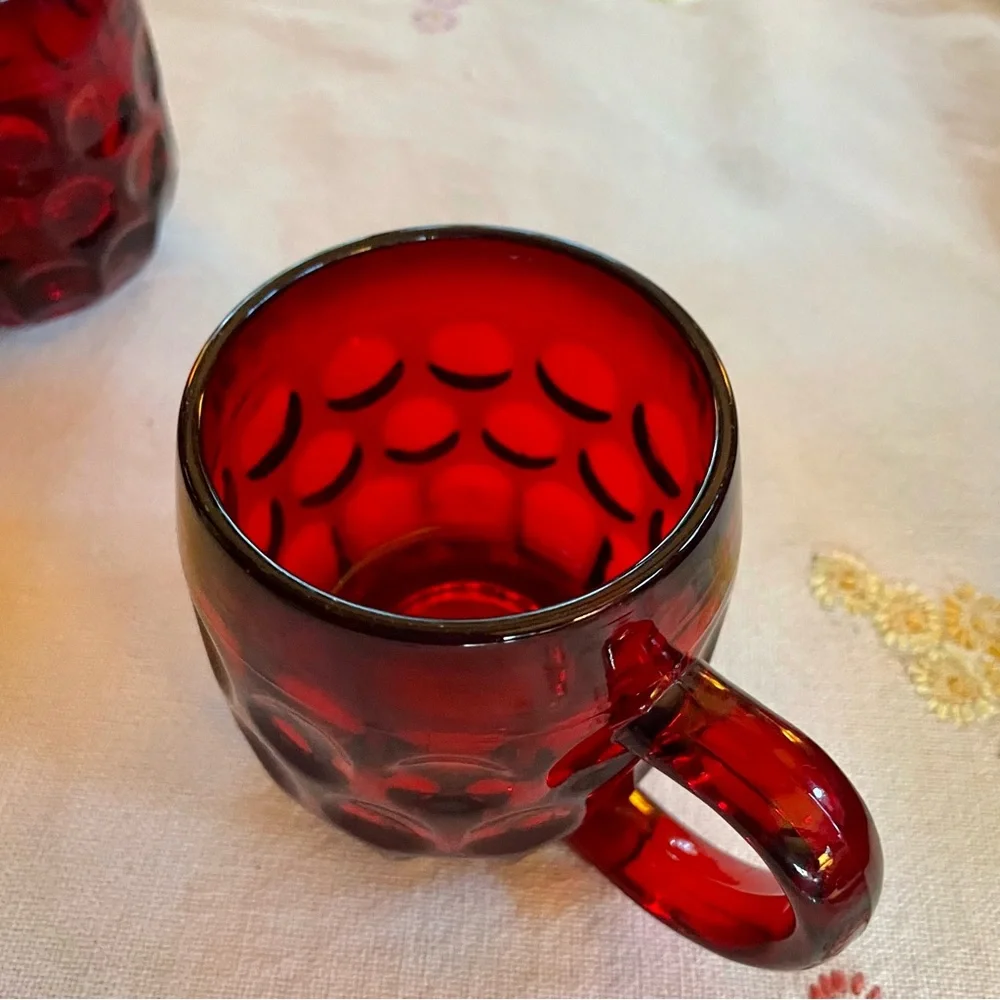 Vintage Ruby Red Mid-century Modern Glass Thumbprint Mugs. Set of 3. 8oz.